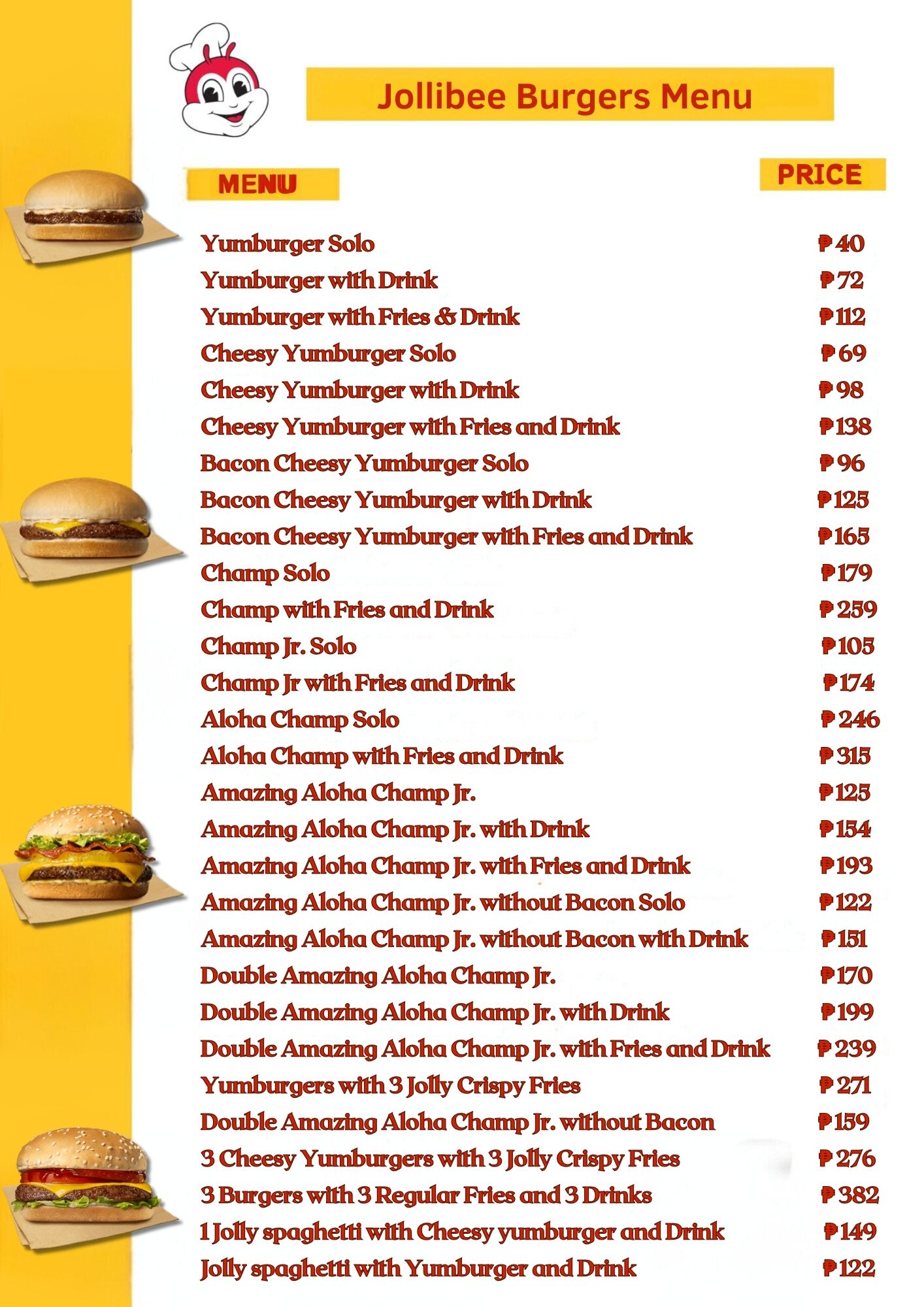 jollibee Burger Menu Prices