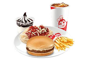 Jollibee Super Meal Prices in the Philippines 7 Yumburger, Half Jolly Spaghetti & Reg. Fries Super Meal With Mini Chocolate Sundae & Drink