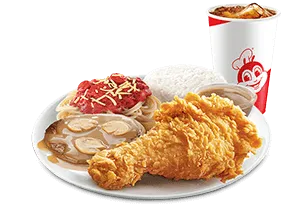 1 - pc. Chickenjoy, Burger Steak & Half Jolly Spaghetti Super Meal With Drink